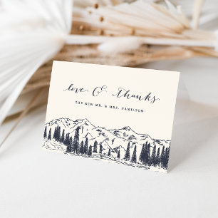 Dark Navy Mountain Sketch Wedding Thank You Card