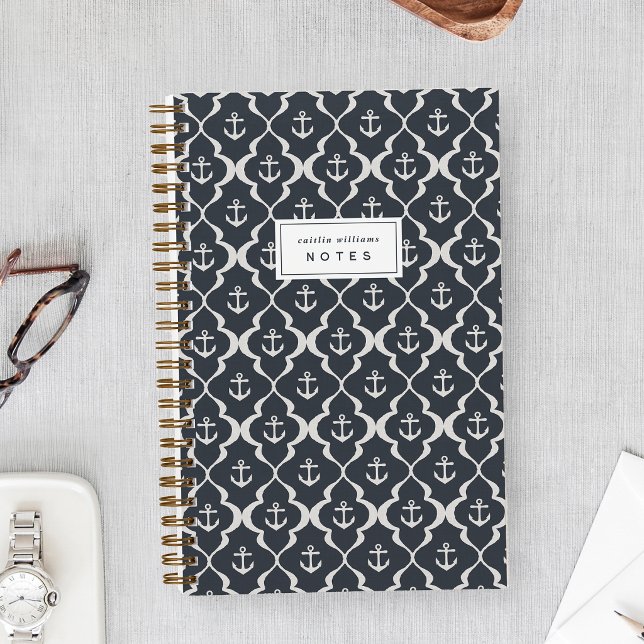 Dark Navy Nautical Anchor Ogee Personalised Notebook (Creator Uploaded)
