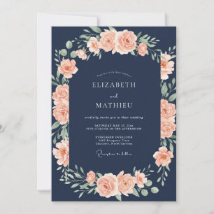 Dark Navy Peach Botanical Wedding Invitation