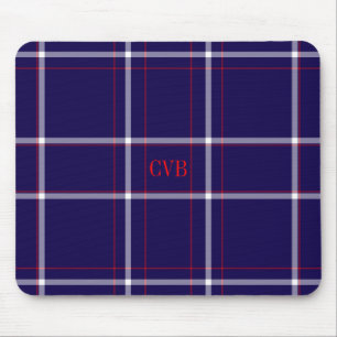 Dark Navy Plaid Red White Monogrammed Mouse Pad