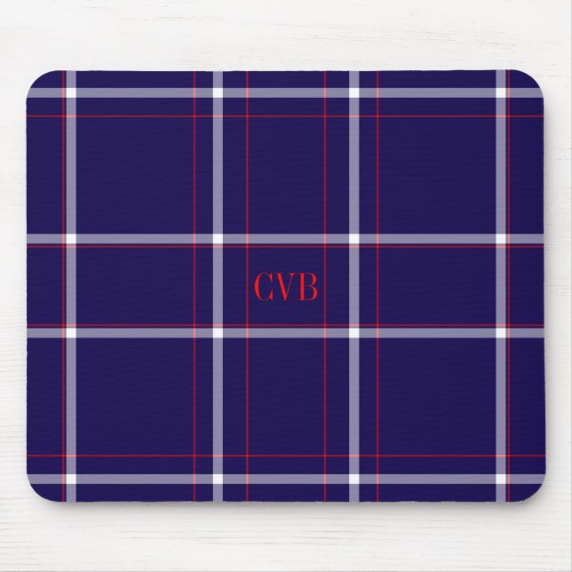 Dark Navy Plaid Red White Monogrammed Mouse Pad (Front)