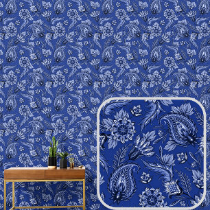 Dark Navy Royal Blue Floral Paisley Elegant Wallpaper