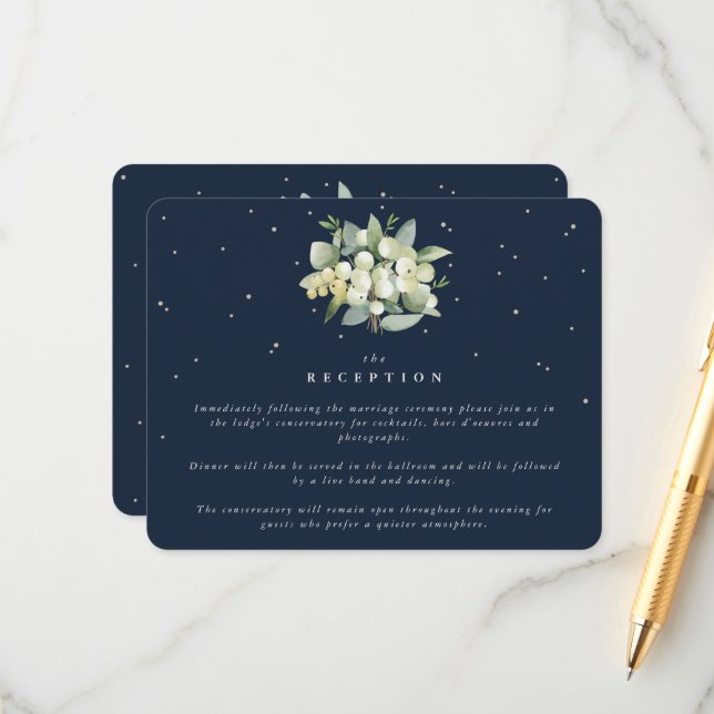 Dark Navy Snowberry+Eucalyptus Bouquet Reception Enclosure Card (Front/Back In Situ)