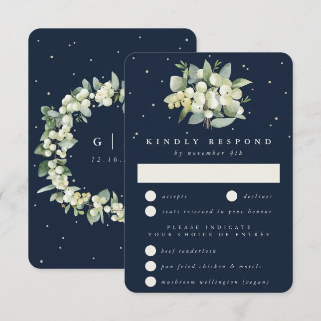 Dark Navy Snowberry+Eucalyptus Bouquet Wedding RSVP Card (Front/Back)