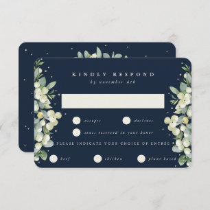 Dark Navy Snowberry+Eucalyptus Edged Wedding RSVP Card