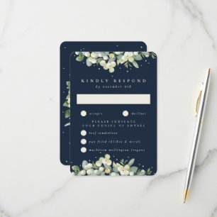 Dark Navy Snowberry+Eucalyptus Edged Wedding RSVP Card