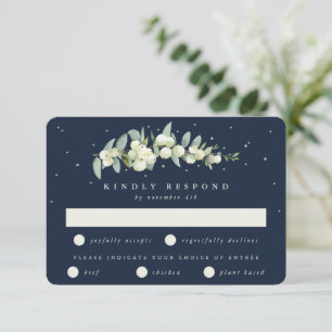 Dark Navy Snowberry+Eucalyptus Stem Winter Wedding RSVP Card