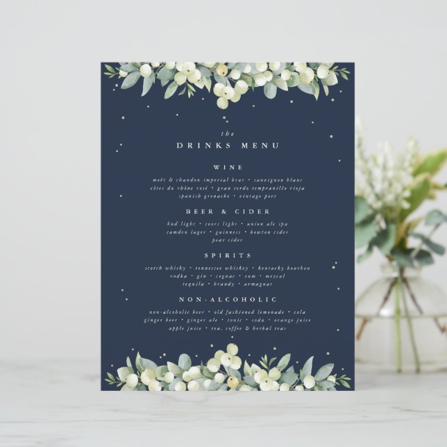 Dark Navy Snowberry+Eucalyptus Wedding Drinks Menu (Standing Front)