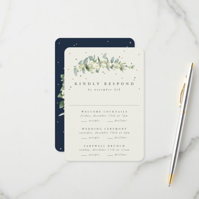 Dark Navy Snowberry+Eucalyptus Wedding Multi-Event RSVP Card (Front/Back In Situ)