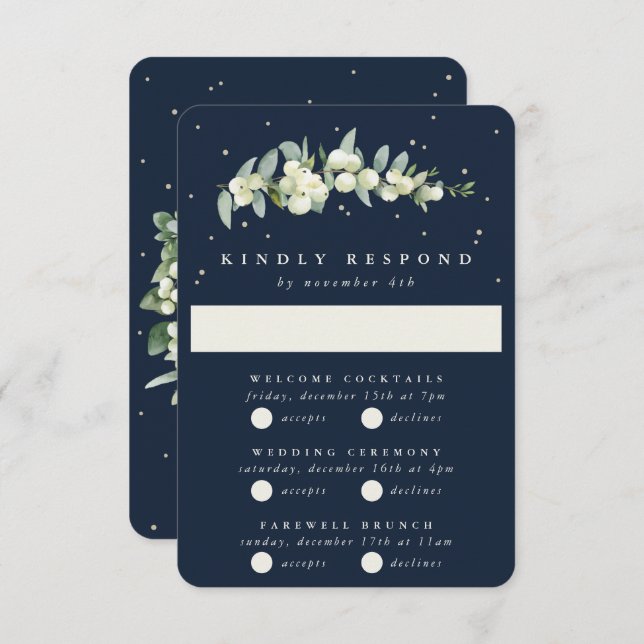 Dark Navy Snowberry+Eucalyptus Wedding Multi-Event RSVP Card (Front/Back)