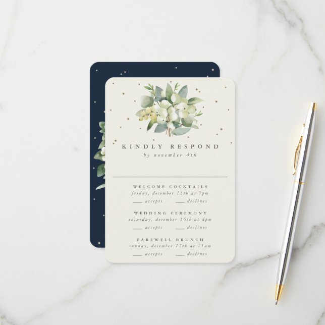 Dark Navy Snowberry+Eucalyptus Wedding Multi-Event RSVP Card (Front/Back In Situ)