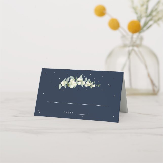 Dark Navy Snowberry+Eucalyptus Wedding Place Card (Front)