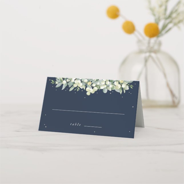 Dark Navy Snowberry+Eucalyptus Wedding Place Card (Front)