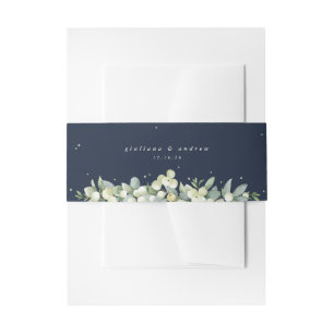 Dark Navy Snowberry+Eucalyptus Wedding Portrait Invitation Belly Band