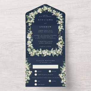 Dark Navy Snowberry+Eucalyptus Winter Wedding All In One Invitation