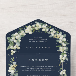 Dark Navy Snowberry+Eucalyptus Winter Wedding All In One Invitation