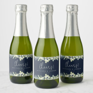 Dark Navy Snowberry+Eucalyptus Winter Wedding Mini Sparkling Wine Label
