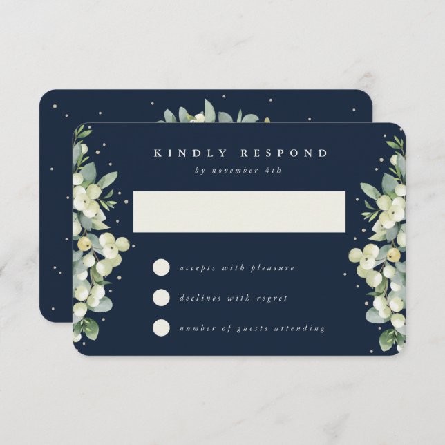 Dark Navy Snowberry+Eucalyptus Winter Wedding RSVP Card (Front/Back)