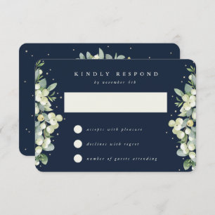 Dark Navy Snowberry+Eucalyptus Winter Wedding RSVP Card