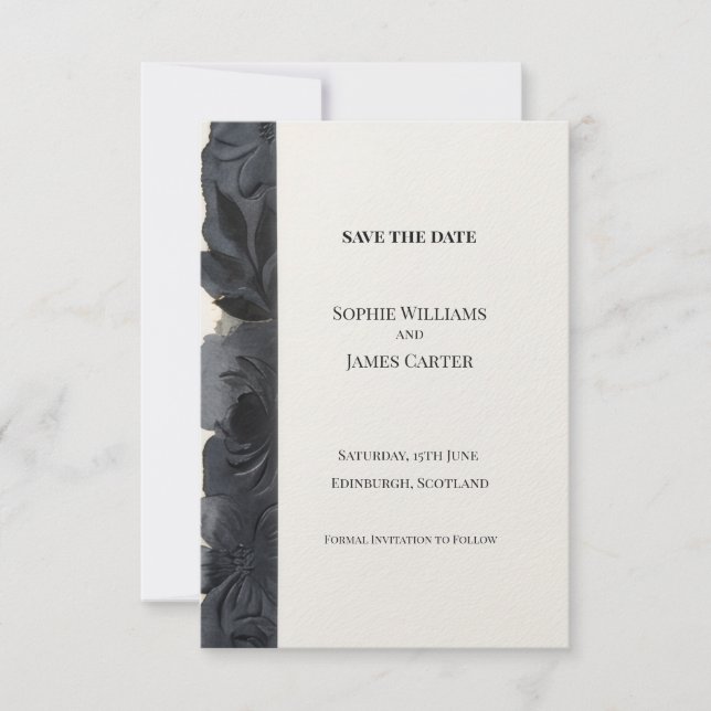 Dark Navy Watercolor Floral Save The Date Card (Front)