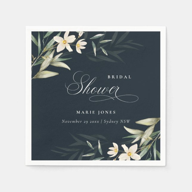 Dark Navy White Greenery Flora Bunch Bridal Shower Napkin (Front)