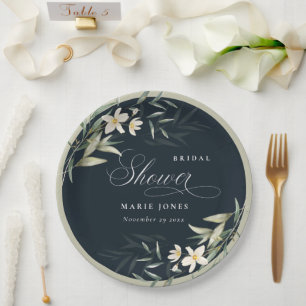 Dark Navy White Greenery Floral Bridal Shower Paper Plate