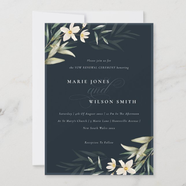 Dark Navy White Greenery Floral Vow Renewal Invite (Front)