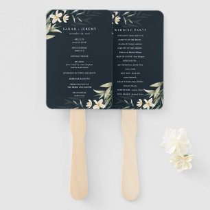 Dark Navy White Greenery Floral Wedding Program Hand Fan