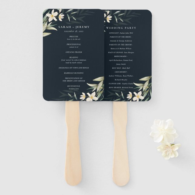Dark Navy White Greenery Floral Wedding Program Hand Fan (Front and Back)