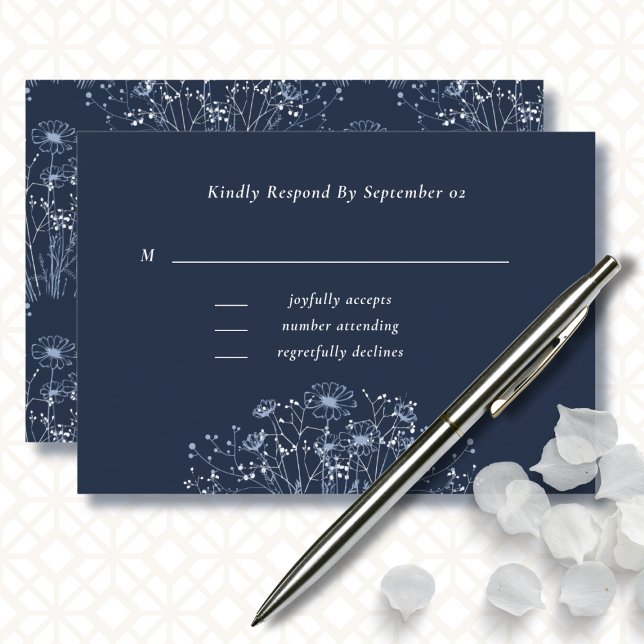 Dark Navy White Light Blue Wildflower Wedding RSVP (Creator Uploaded)