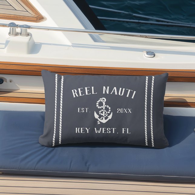 Dark Navy & White Personalised Boat Name Anchor Lumbar Cushion (Creator Uploaded)