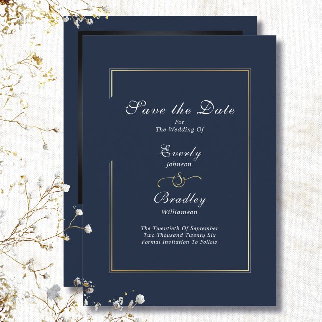 Dark Navy White Script Gold Border Save the Date Invitation (Creator Uploaded)