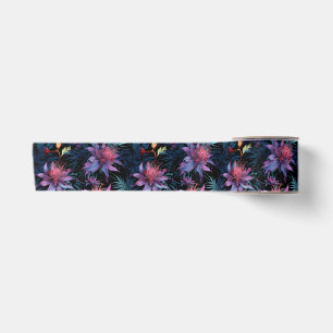 Dark Neon Tropical Purple Floral Pattern Satin Ribbon