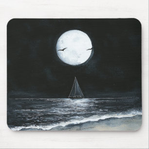 Dark Night Full Moon Ocean Beach Mouse Pad