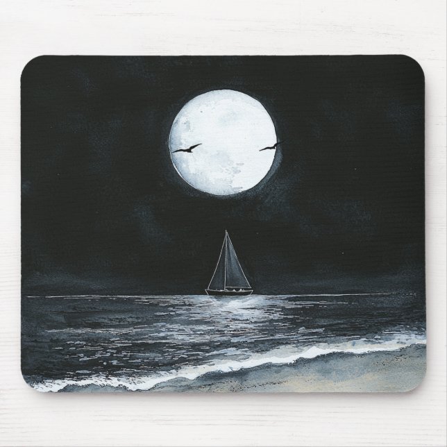 Dark Night Full Moon Ocean Beach Mouse Pad (Front)