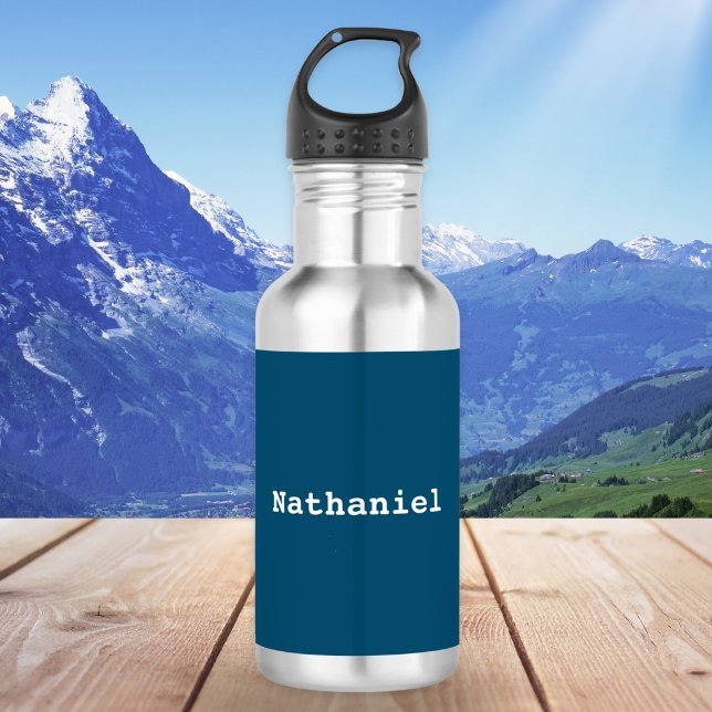 Dark Ocean Blue Minimal Simple Personalised Name 532 Ml Water Bottle (A metal water bottle with personalized name in white on teal)