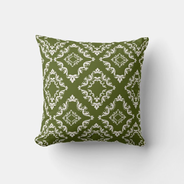 dark olive green and white diamond damask cushion (Front)