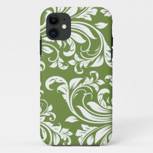 Dark Olive Green and white floral damask Case-Mate iPhone Case