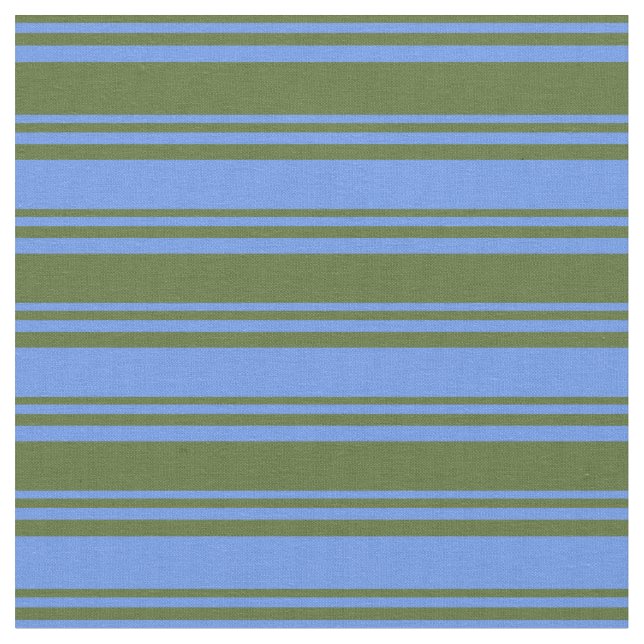 Dark Olive Green & Cornflower Blue Coloured Lines Fabric (Close Up)