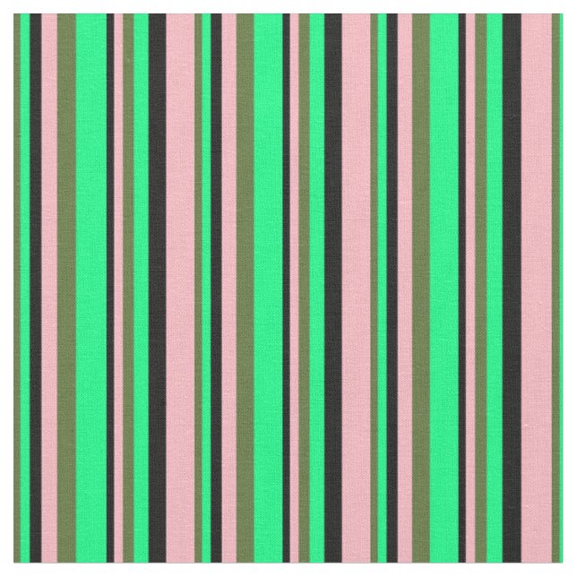 Dark Olive Green, Green, Black & Light Pink Lines Fabric (Close Up)