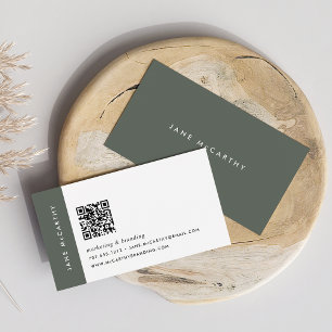 Dark Olive Green Modern Minimalist QR Code Business Card