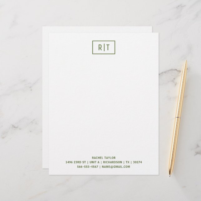 Dark Olive Green Modern Monogram Simple Custom Letterhead (Front/Back In Situ)