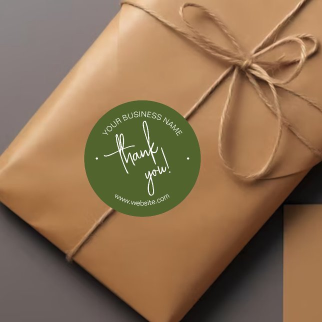 Dark Olive Green Scripted Business Thank You Classic Round Sticker (Creator Uploaded)