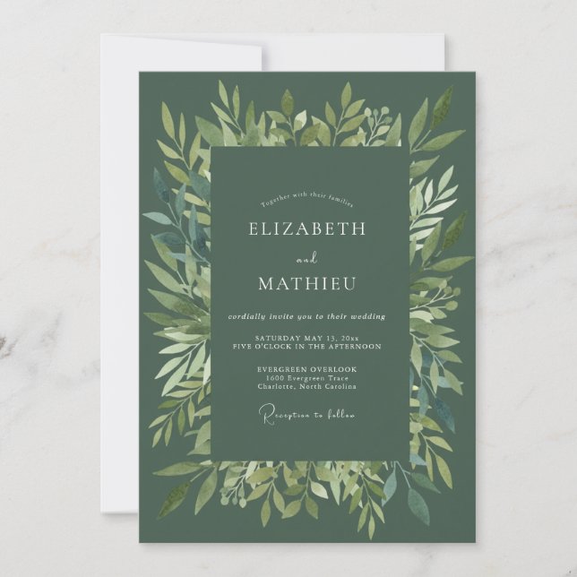 Dark Olive Leafy Wedding Invitation (Front)