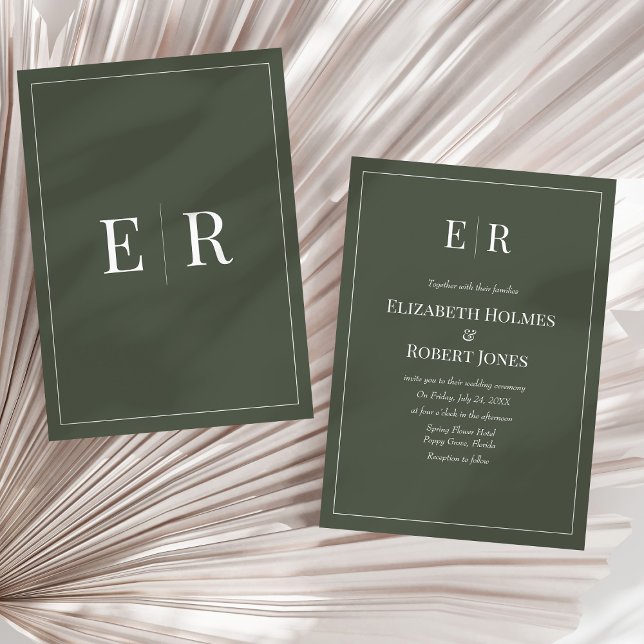 Dark Olive Minimalist Monogram Non Photo Wedding  Invitation (Dark Olive Minimalist Monogram Non Photo Wedding Invitation on a sunny neutral dry palm leaf.)