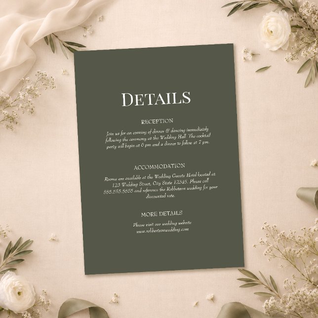 Dark Olive Minimalist Monogram Wedding Details Invitation (Dark Olive Minimalist Monogram Wedding Details Invitation on a wedding table with white flowers)
