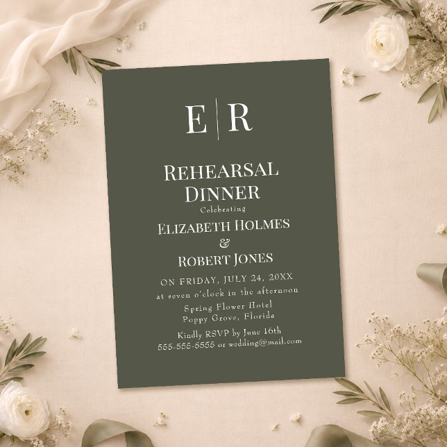 Dark Olive Monogram Rehearsal Dinner Invitation (Dark Olive Monogram Rehearsal Dinner Invitation on a wedding table with white flowers)