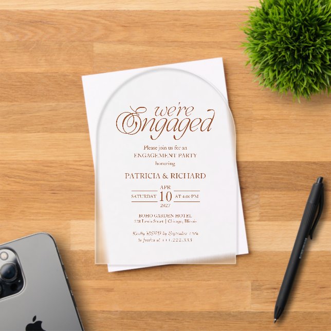 Dark Orange Minimalist Arch Engagement Party Acrylic Invitations (Insitu (Invitation Card))