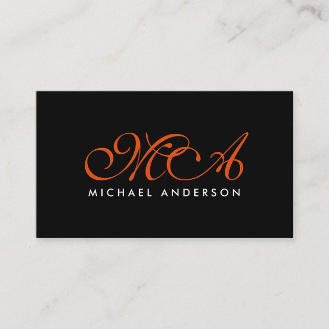 Dark Orange Monogram Elegant Script Business Card (Front)