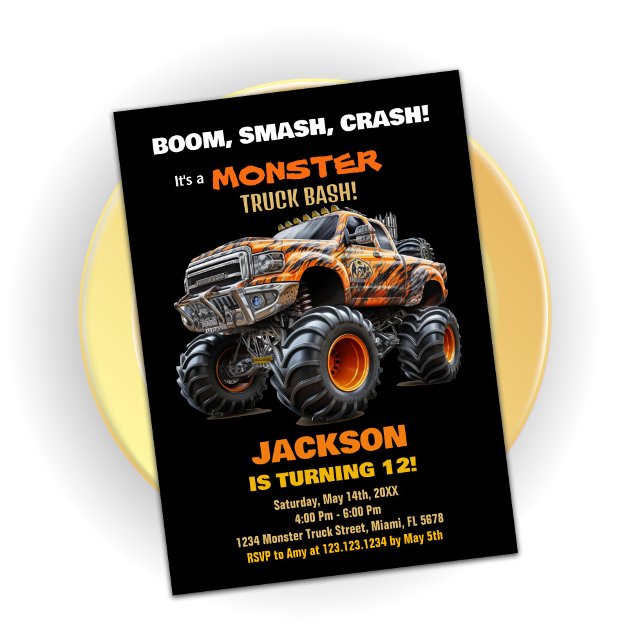Dark Orange Monster Truck Birthday Invitations (Dark Orange Monster Truck Birthday Invitations)